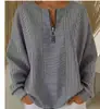 Top de Punto Rayado con Cremallera de Manga Larga Otoño/Invierno 2026 Transfronterizo Europeo y Americano, Camiseta Casual Versátil de Hombro Caído Adelgazante con Cuello Redondo para Mujer
