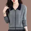Top de Malha Elegante com Gola Reversível para Mulheres, Moda Outono 2026, Novo Estilo, Elegante, Rejuvenescedor, Color-Block, Caimento Solto, Esconde a Barriga, Camada Base, Tendência