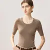 Camiseta base fina de punto de manga corta y cuello redondo 100% lana de hilo simple del Yangtsé para mujer, ajuste ceñido