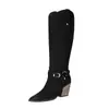 Botas western altas de talla grande con corte en V para mujer, punta fina, tacón grueso con veta de madera, doble hebilla, botas vaqueras largas vintage desgastadas