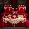 Conjunto de quatro peças para casamento, 100% algodão, festivo, design de dragão e fênix, roupa de cama de algodão puro para casamentos, recém-casados e casais recém-casados, com capa de edredom vermelho vibrante