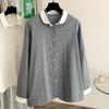 Tiro Real de Primavera y Otoño en Stock Algodón de Gasa de Doble Capa Empalme de Lino Cuello Camisa a Cuadros que Reduce la Edad del Bebé Camisa de Cuello Blanco Ropa de Mujer