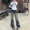 Jeans Azul Bootcut Estilo Retrô Americano para Mulheres 2025 Nova Coleção Primavera & Outono Cintura Alta Perna Reta Slim Fit Ferradura Comprimento Total Calças