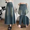 Saia Jeans Midi com Fenda Estilo Americano para Mulheres Outono 2025 Nova Cintura Alta Slim Cobertura de Quadril Linha A