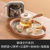 Juego de té con asa lateral de espárragos verdes pintados a mano, bandeja para una tetera, dos tazas, portátil, para exteriores, juego de té de viaje