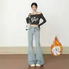Pantalones Acampanados de Cintura Baja con Forro de Polar Estilo Americano para Mujer, Nueva Moda de Invierno 2025, No Ajustados, Versátiles, Adelgazantes, Elásticos, Jeans