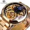 Reloj mecánico automático Forsining para hombre, informal, con correa de acero y fase lunar hueca tallada.