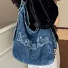 2026 Nova Bolsa Tote de Brim Bordada com Letras Estilo Retrô Grande Capacidade ins de Ombro Único Transversal Bolsa Feminina
