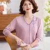Blusa de Tricô com Decote V de Outono para Mãe 2026 Nova Moda Primavera-Outono Suéter Soltinho Fashion para Mulheres de Meia-Idade e Idosas