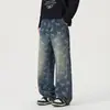 Pantalones Vaqueros Jacquard de Estilo Americano para Hombre Shanggu, Nueva Colección Primavera-Otoño, Pantalones Casuales Sueltos de Estampado Completo High-Street para Hombre