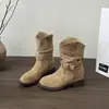 Botas Curtas Femininas Outono Inverno Estilo Coreano Bico Redondo Botas Western Outono Inverno Fosco Estilo Retrô Botas Martinas Salto Escondido Cinto com Fivela