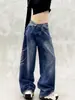 Nuevos Jeans Azules Vintage de Primavera/Otoño para Mujer con Letras de Pedrería Laterales, Cintura Alta, Corte Holgado, Pantalones Rectos de Pierna Ancha Adelgazantes