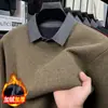 Suéter masculino de mistura de lã, forrado com fleece, espessado, imitando duas peças, para outono e inverno, com gola virada, casual, quente, cor sólida, malha de manga longa