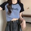 Camiseta feminina de manga curta com estampa de contraste de cores europeia e americana, roupa de verão, slim fit, emagrecimento, curta de algodão, meia manga, camisa básica