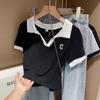 Camiseta blanca con cuello polo y hombros descubiertos para mujer, de manga corta, de verano, ajustada, adelgazante, estilo occidental, top corto para mujer talla pequeña