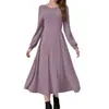 2025 Nova Moda Feminina Popular Europeia e Americana para Exportação Gola Redonda Manga Longa Cor Sólida Casual Saia Longa Vestido de Pelo com Listras