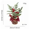 Decorações de mesa de Natal com base de madeira, enfeite de mesa de mini árvore de Natal, galhos de pinho artificiais com bagas vermelhas e nozes brancas