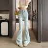 Jeans de Cuerno Micro con Lazo para Mujer Otoño Azul Ajustados a la Cadera Pantalones de Herradura Cintura Alta Adelgazantes Pantalones de Piso