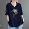 Ropa de Marca Extranjera Sobrante, Camiseta de Manga Corta con Cuello en V para Mujer, Nuevo Estilo Chino de Verano, Top Moderno y Juvenil