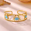 Pulsera de Acero de Titanio con Goteo de Aceite y Oro de 18K, Estilo Océano de Esmalte de Alta Gama, Diseño de Estrella de Mar y Palmera, Brazalete Abierto de Acero Inoxidable de Lujo Ligero