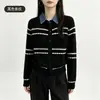 Cardigan de Tricô Listrado com Gola Jeans para Mulheres, Novo Estilo Outono/Inverno, Design Falso de Duas Peças, Suéter Casaco Emagrecedor e Versátil