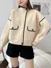 Cardigan de Punto de Lana de Doble Cara con Cuello Alto de Color Contrastante, Nuevo Estilo Primavera 2026, Estilo Coreano, Holgado, Casual, Versátil, Chaqueta Suéter para Mujer