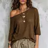 Roupas Femininas Europeias e Americanas Transfronteiriças Amazon TK Feminino Novo Gola Redonda Ombro Assimétrico Casual Solto Vazado Manga de Cinco Pontos Tricô