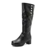 Botas Femininas com Salto Quadrado e Zíper Outono e Inverno Linho Estilo Europeu e Americano Botas de Cavaleiro Bico Redondo Salto Quadrado Tamanho Extra Grande 40-48 Botas de Couro