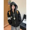Retro americano, estilo nicho otoño/invierno, fresco y elegante, corte holgado, diseño de letra bordada, chaqueta sudadera con capucha de diseño único