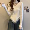 Blusa de Tricô Manga Longa com Franjas na Barra e Gola Halter Irregular Feminina Estilo Coreano 2024 Outono/Inverno Versátil Pulôver Top Preto