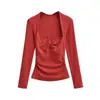 Camiseta Estilo Garota Sexy Quente com Design Ombro a Ombro, Cruzada, Manga Longa, Base Franzida Slim Fit, Top Curto Liso Estiloso