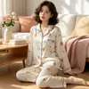 Pijama francés reductor de edad para mujer, nuevo para primavera y otoño, simple, con puntos de ola, manga larga, pantalones de seda helada, ropa de casa, traje de moda, venta al por mayor