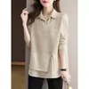Outono/Inverno 2026 Camisa Francesa Patchwork Falso Duas Peças Malha Top Suéter Casaco Feminino de Temperamento Top