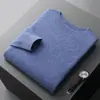 Suéter masculino de lã com gola alta discreta, espessado para aquecimento no outono e inverno, pulôver de cor sólida com gola média para meia-idade e idosos, camiseta de base