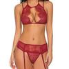 Nuevo Conjunto de Lencería Sexy de Encaje con Pestañas, Conjunto de Tres Piezas de Sujetador y Bragas Eróticas con Ligueros para Mujeres, Listo para Enviar