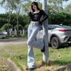 Pantalones de Mezclilla Rag Estilo Americano Ajustados Adelgazantes Micro-adelgazantes de Cintura Alta para Mujer, Pantalones Acampanados Elásticos para Mujer
