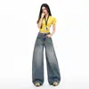 Jeans de Mezclilla Lavada con Diseño Yuppie Deconstruido y Líneas Tridimensionales, Pantalones de Pierna Ancha para Mujer, Pantalones Largos hasta el Suelo Hechos de Algodón de Primavera