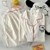 Pijama de Algodón Nube Transfronterizo para Mujer, Verano Estilo Japonés Dibujos Animados Puntos Manga Corta Pantalón Largo Conjunto Delgado para Casa para Niñas