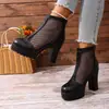 Sandalias de Malla para Mujer de Tallas Grandes Transfronterizas de Comercio Exterior Europeo y Americano con Plataforma Impermeable, Tacones Altos Gruesos, Cremallera Trasera a la Moda, Botines Cortos de Verano para Mujer