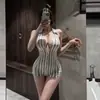 Lencería de talla grande, una introducción seductora, escote en V profundo, sin espalda, deseo puro, estampado de rayas, cosplay, entrepierna abierta, body de una pieza sin extracción para mujer