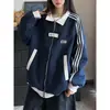 Jaqueta suéter cardigan color block estilo americano para homens, primavera e outono, vintage, solta, plus size, casual, versátil, jaqueta listrada