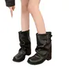 Botines de mujer acampanados cortos, nuevo modelo otoño 2026, adelgazantes, adecuados para faldas, botas estilo western de tacón grueso con hebilla de cinturón, botines apilados vintage