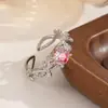 Anillo Romántico de Zirconia con Forma de Hoja Estilo Francés, Exquisita Artesanía de Microincrustación, Anillo Abierto, Accesorio de Ambiente Suave y Sensación de Alta Gama