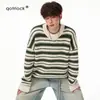 Suéter Retro Americano de Rayas y Bloques de Color con Cuello Redondo para Hombres y Mujeres Otoño Marca de Moda Cardigan Perezoso Holgado Ajuste Relajado Ropa de Abrigo