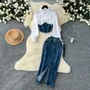 Estilo Coreano Estilo Diosa Moda Empalme Falso Dos Piezas Camisa de Manga Larga Cinturón para Mujer Falda de Mezclilla Traje de Dos Piezas