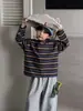 Roupas Infantis Estilo Cityboy Camiseta Listrada Infantil para Meninos e Meninas Solta com Listras Contrastantes Manga Longa Tops Casuais para Primavera e Outono