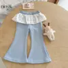 Calça boca de sino infantil estilosa de menina limão novo estilo outono versão coreana para bebê menina calça longa de renda para usar na primavera e no outono calça de moletom versátil