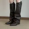 Estilo chica picante, botas de punta por debajo de la rodilla adelgazantes para mujer, tacón grueso retro, bota de pierna plisada