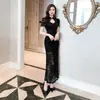 Novo Vestido Patchwork de Renda Preta Estilo Chinês com Gola Alta, Caimento Justo, Saia sereia com fenda longa, Emagrecimento e Visual de Alta Qualidade