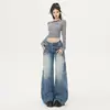 Calça Jeans Wide Leg Estilo Americano para Mulheres, Outono e Inverno, Plissada Tridimensional, Lavagem Azul Clássico, Cintura Baixa Retro, Perna Reta Solta, Comprimento até o Chão
